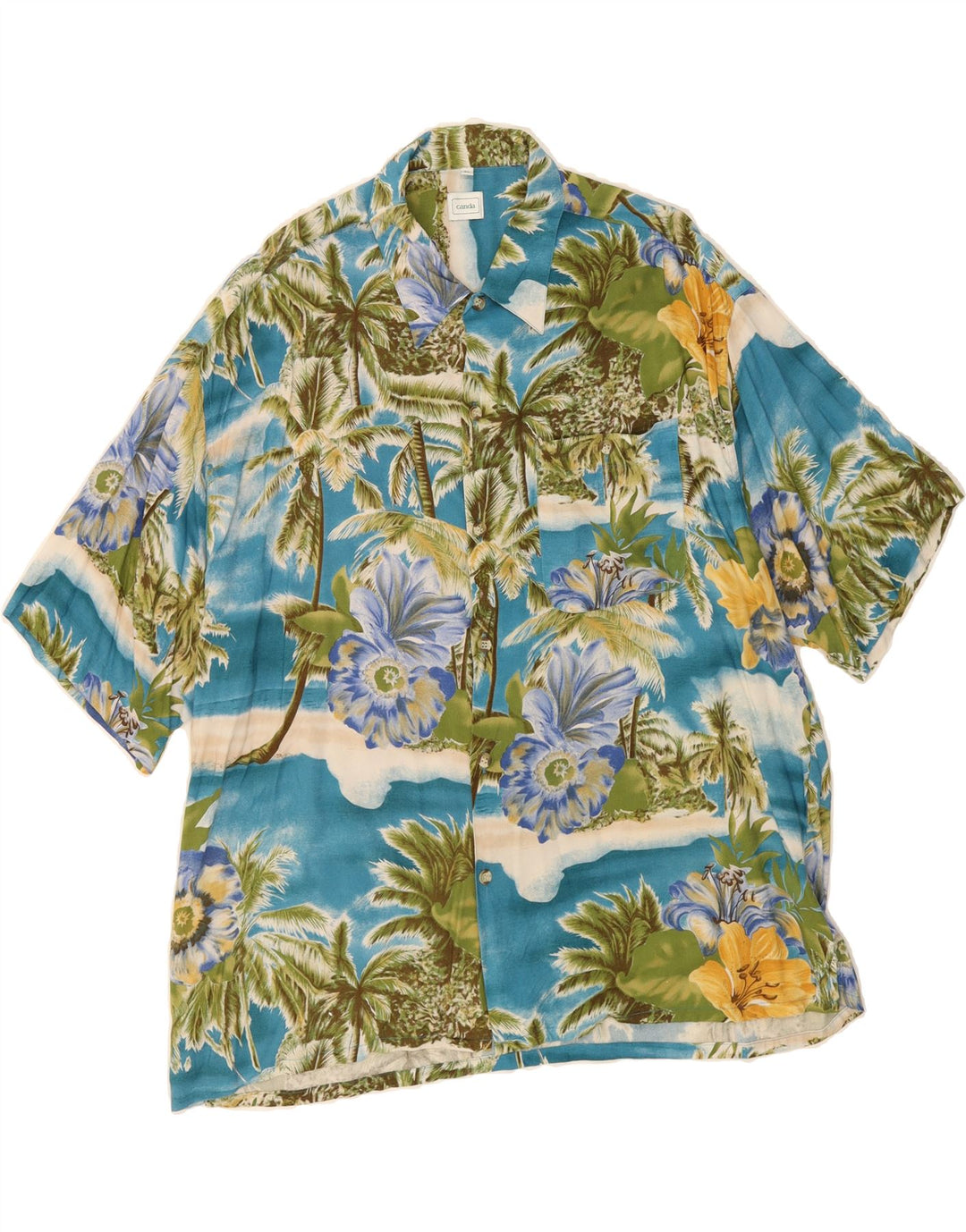 CANDA Mens Graphic Short Sleeve Shirt XL Blue Floral Viscose Hawaiian Vintage Canda and Second-Hand Canda from Messina Hembry 