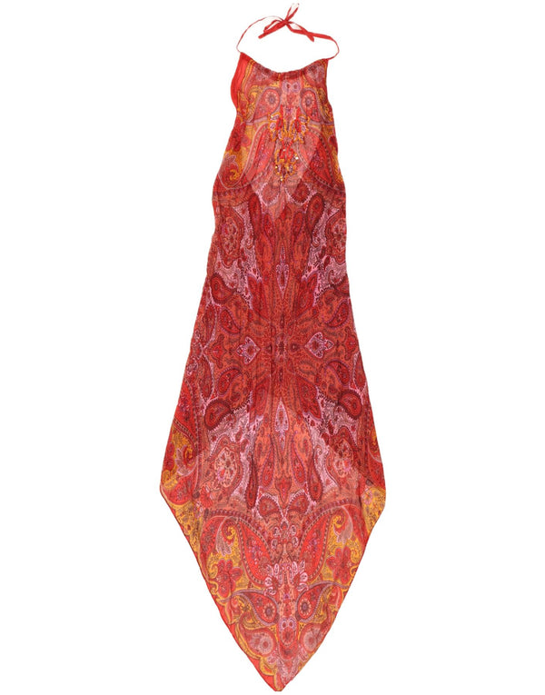 Abito asimmetrico vintage da donna con scollo all'americana UK 8 piccolo seta cachemire rossa