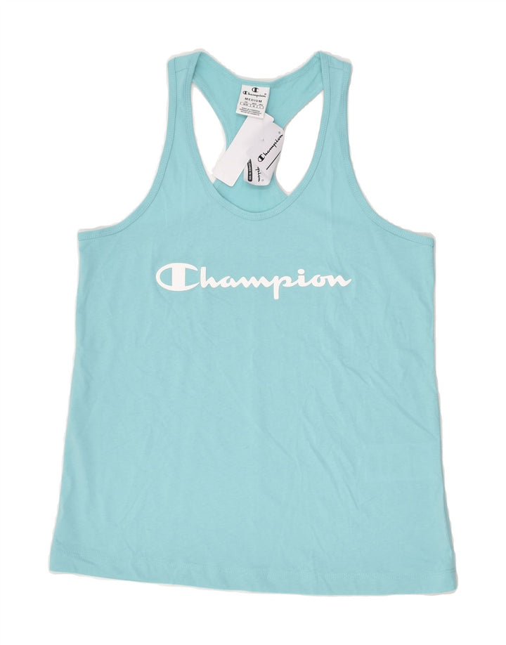 CHAMPION Womens Graphic Vest Top UK 12 Medium Blue Cotton | Vintage Champion | Thrift | Second-Hand Champion | Used Clothing | Messina Hembry 