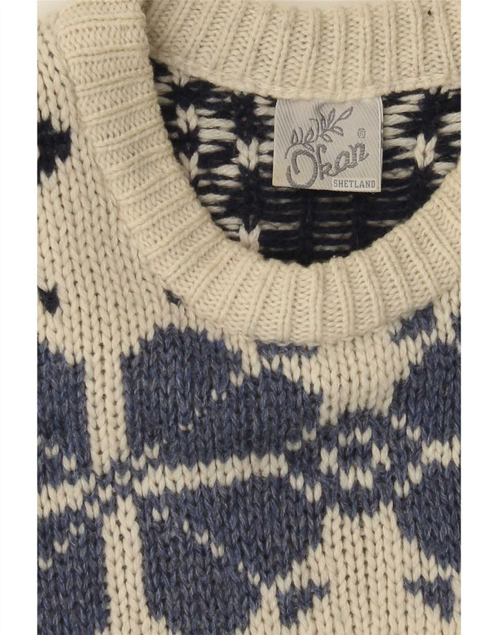 Maglione maglione girocollo da uomo Shetland grande bianco sporco Fair Isle