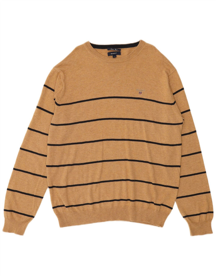 GANT Mens Crew Neck Jumper Sweater Large Beige Striped Cotton