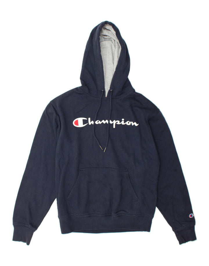 CHAMPION Mens Graphic Hoodie Jumper Small Navy Blue Vintage Champion and Second-Hand Champion from Messina Hembry 