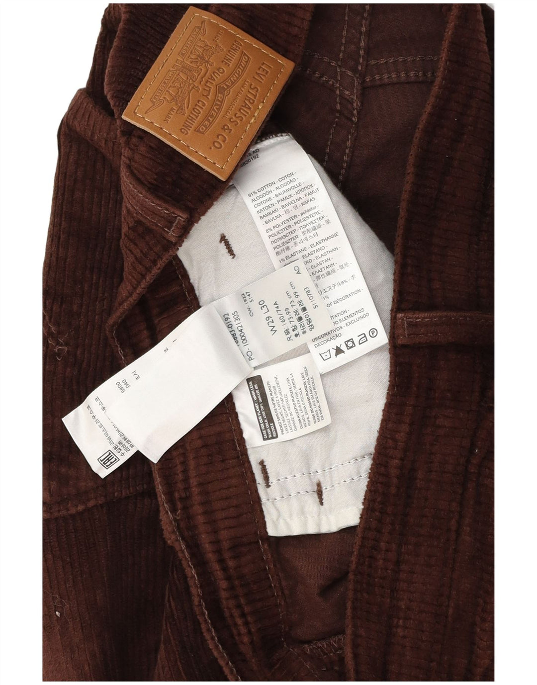 Pantaloni dritti in velluto a coste da donna LEVI'S W29 L30 cotone marrone