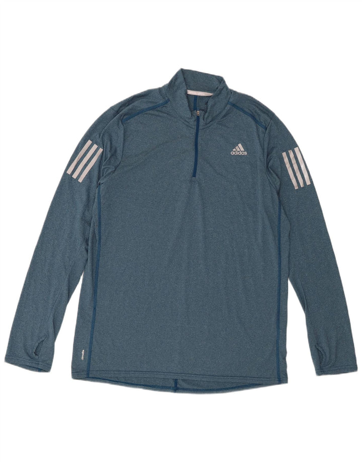Adidas Uomo Climalite Zip Collo Top Manica Lunga Grande Blu Poliestere