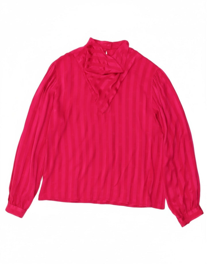 Top camicetta a maniche lunghe da donna vintage UK 12 a righe rosa medio