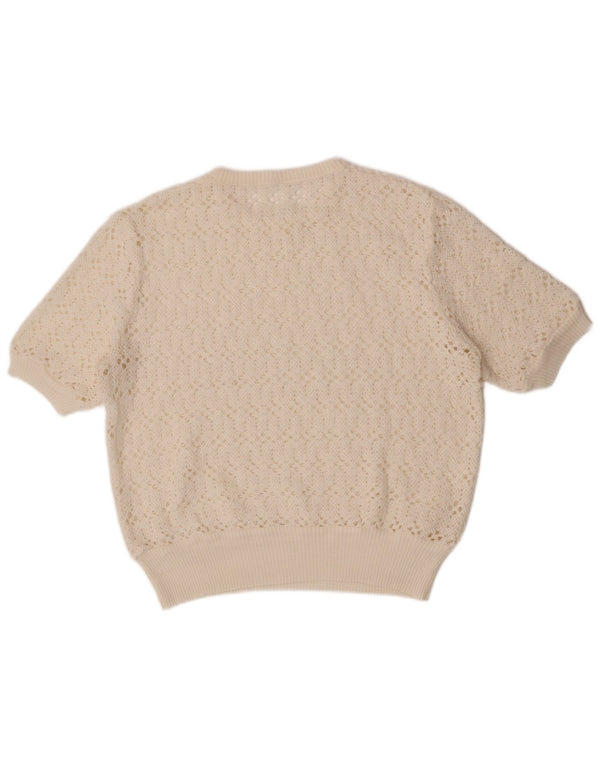 Maglione vintage da donna a maniche corte girocollo UK 12 medio bianco sporco
