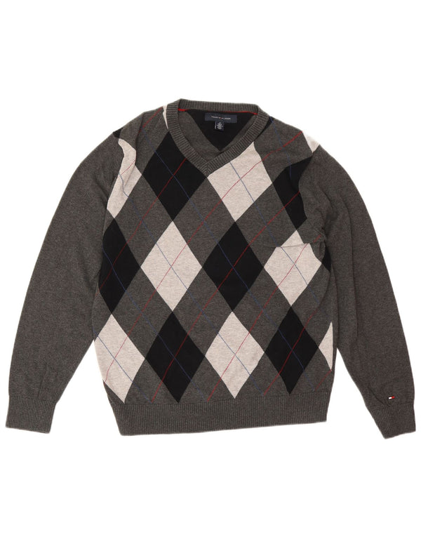 Tommy Hilfiger Uomo Maglione con scollo a V Maglione grigio medio a rombi/cotone diamante