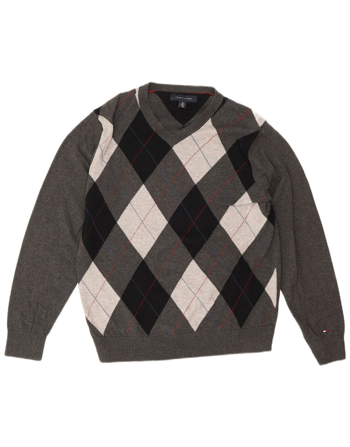 Tommy Hilfiger Uomo Maglione con scollo a V Maglione grigio medio a rombi/cotone diamante