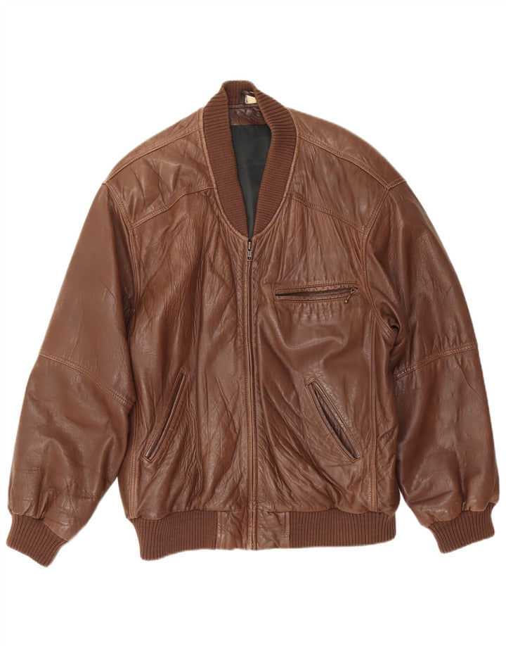 Giacca in pelle vintage da uomo vestibilità ampia EU 48 in pelle marrone medio