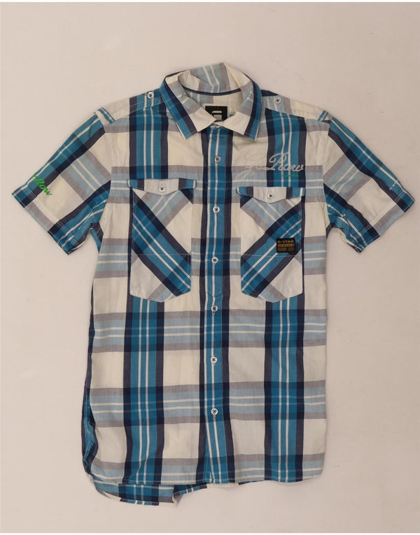 Camicia a maniche corte con grafica militare da uomo G-Star in cotone a quadri blu piccolo