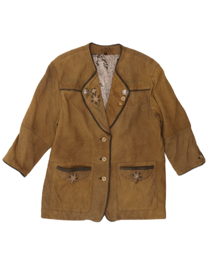 Giacca blazer in pelle da donna con maniche a 3/4 VINTAGE EU 44 XL Cachi