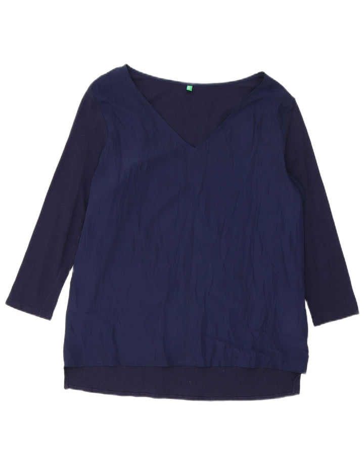 BENETTON Top da donna manica 3/4 UK 16 grande cotone blu navy