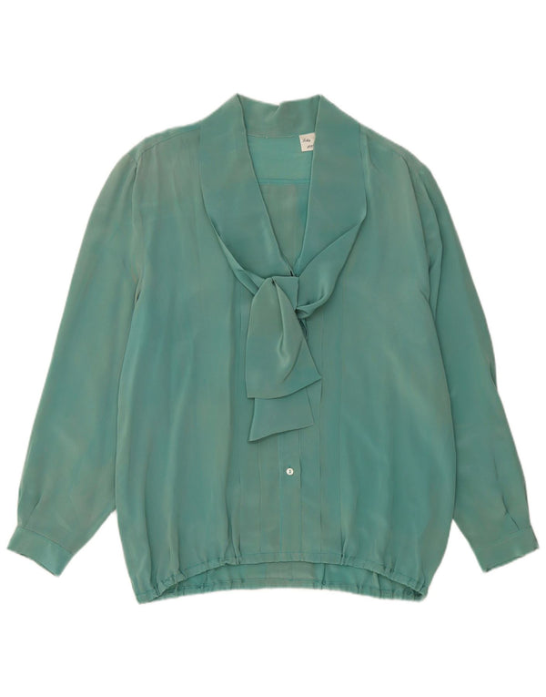 VINTAGE Womens Front Tie Long Sleeve Blouse Top UK 16 Large Green Silk
