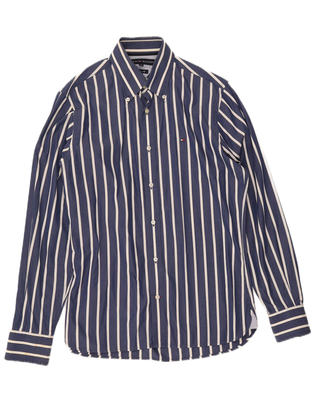 TOMMY HILFIGER Camicia da uomo piccola in cotone gessato blu navy anni '80