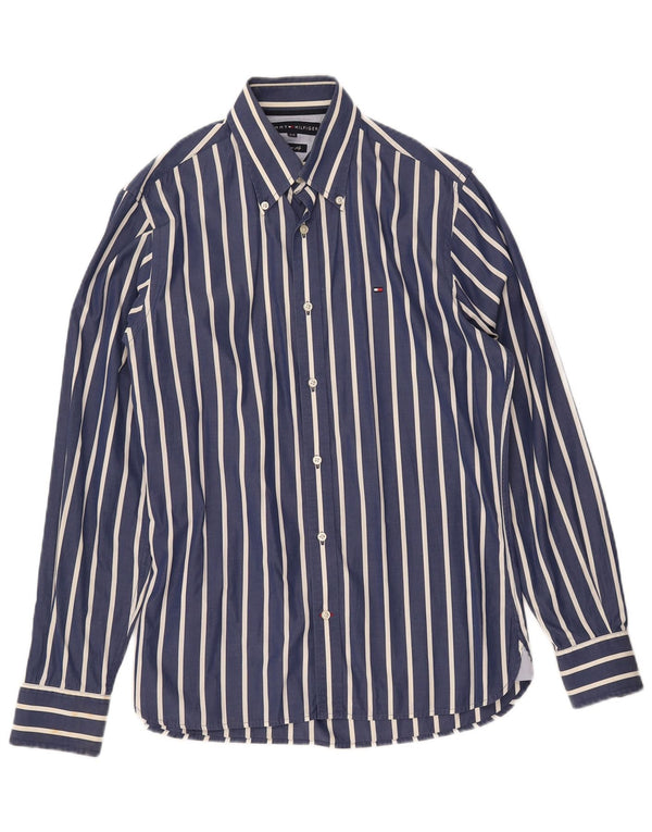 TOMMY HILFIGER Camicia da uomo piccola in cotone gessato blu navy anni '80