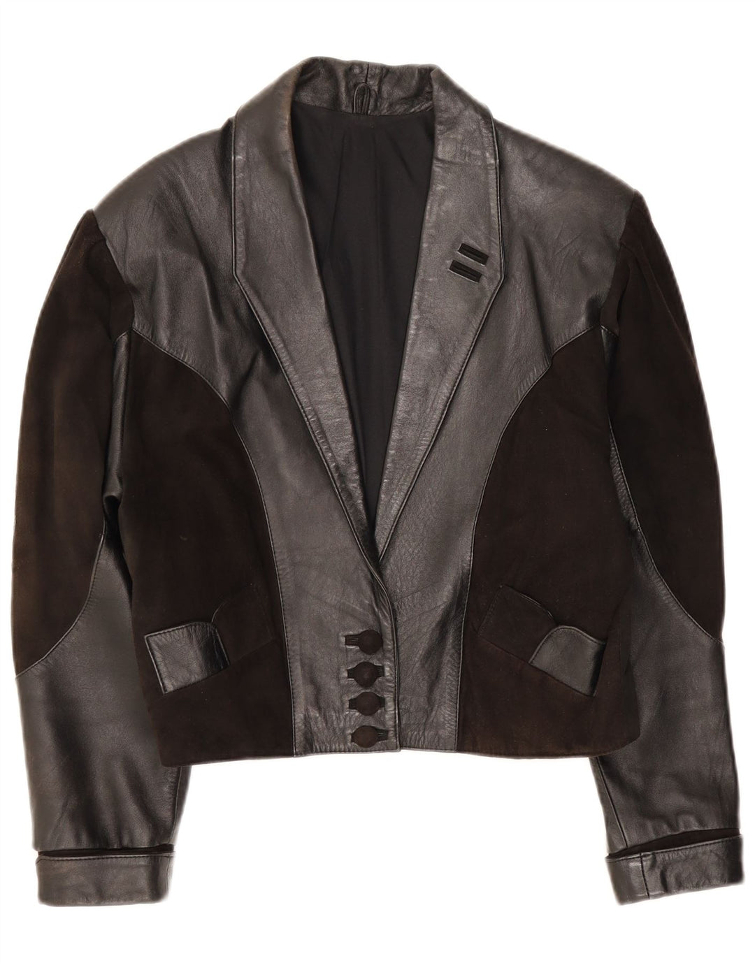 Giacca in pelle vintage da donna UK 14 patchwork nero medio