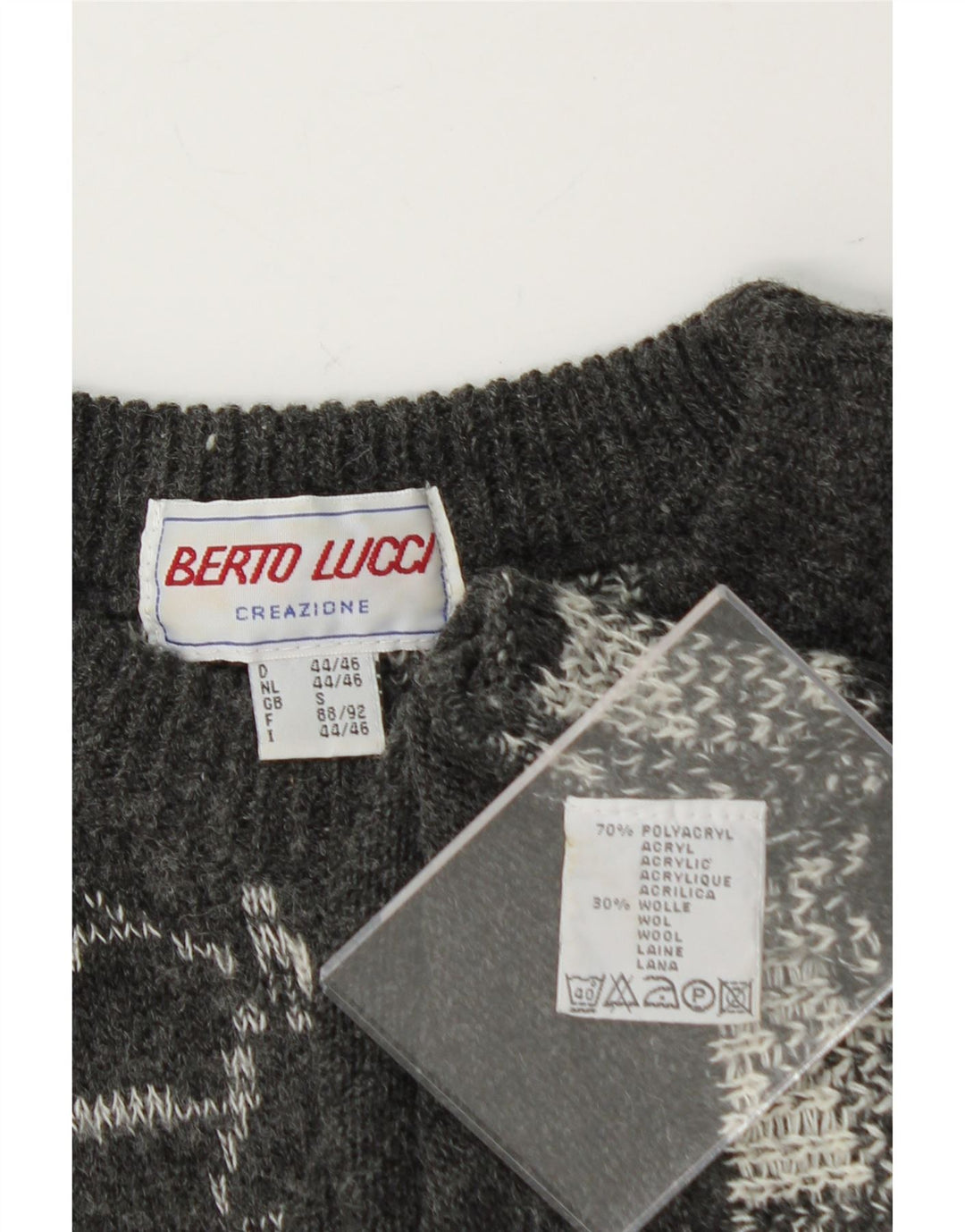 BERTO LUCCI Mens Crew Neck Jumper Sweater Small Grey Fair Isle Acrylic Vintage Berto Lucci and Second-Hand Berto Lucci from Messina Hembry 