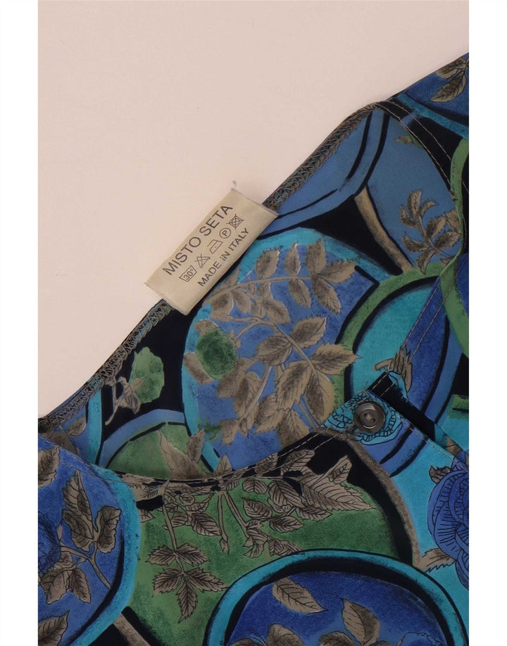 Top camicetta da donna vintage UK 16 grande seta floreale blu