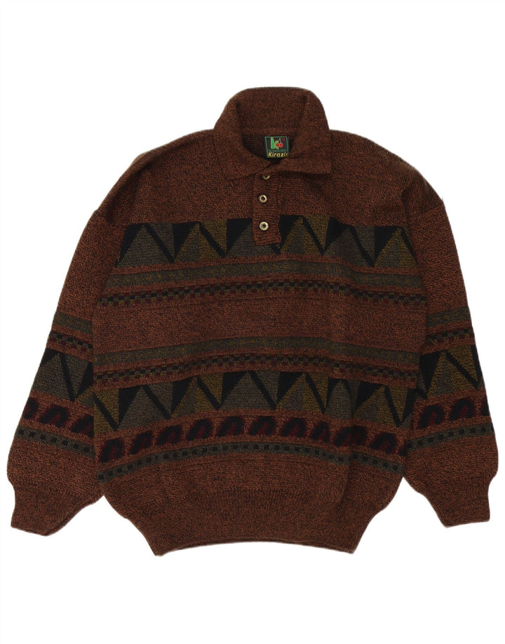 Maglione vintage da uomo con collo alto, grande marrone geometrico