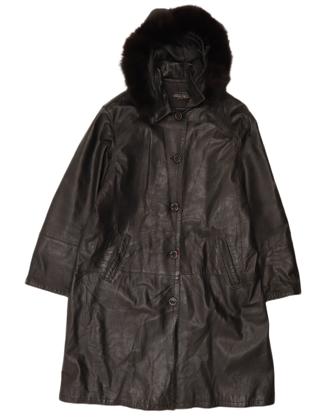 Cappotto vintage in pelle da donna con cappuccio IT 48 XL Nero