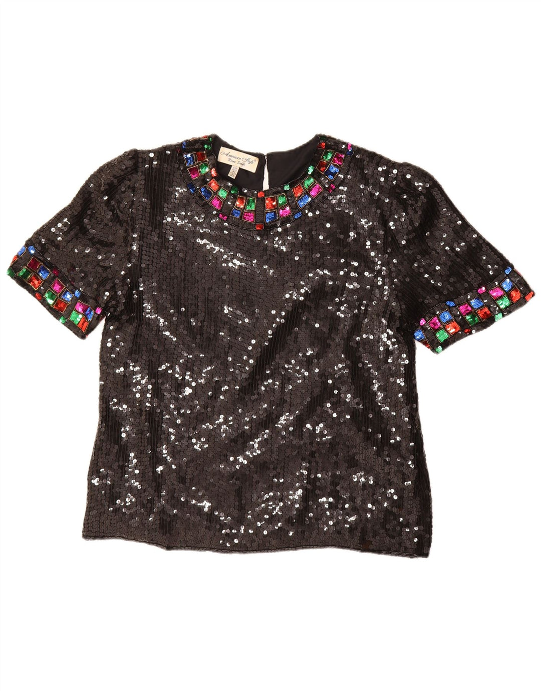 Top camicetta con paillettes vintage da donna UK 16 grande seta nera