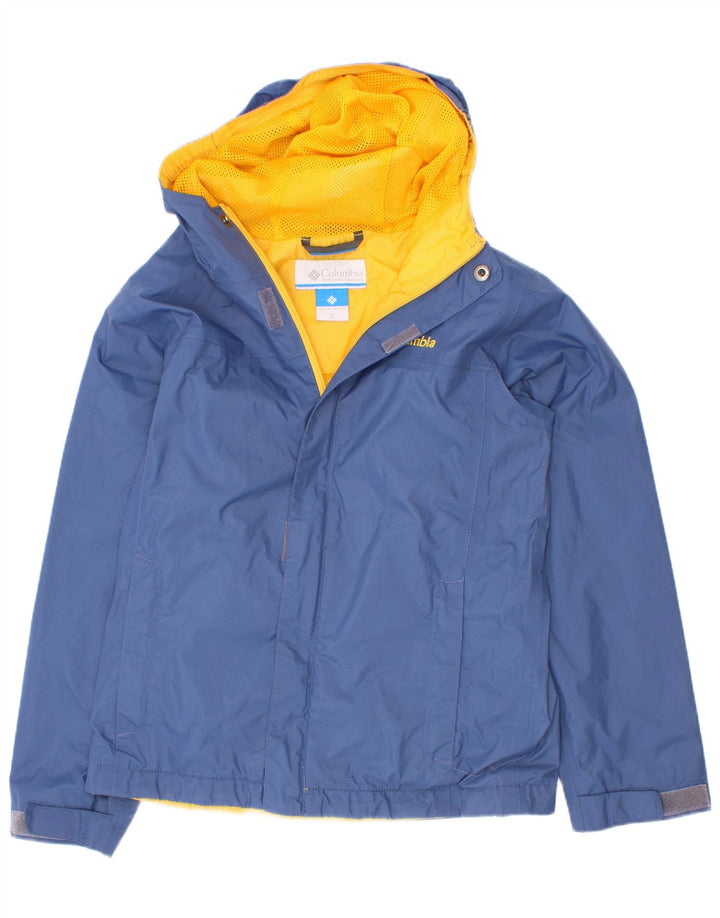 Giacca antipioggia con cappuccio Columbia per ragazzi 7-8 anni, piccola, in nylon color block blu