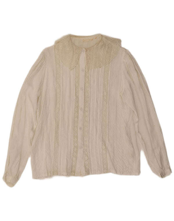 Camicetta camicia vintage da donna UK 14 Viscosa floreale bianco sporco medio