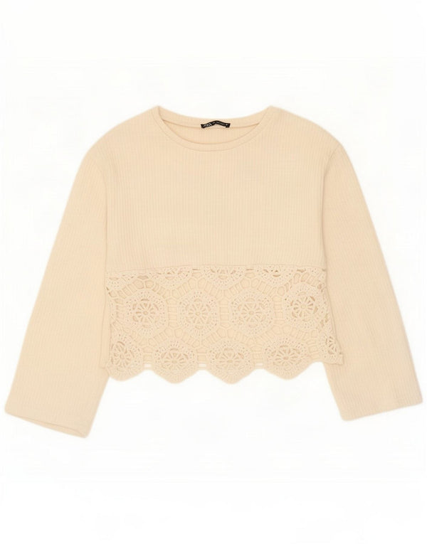 Zara Top corto da donna a maniche lunghe UK 10 Small Bianco sporco