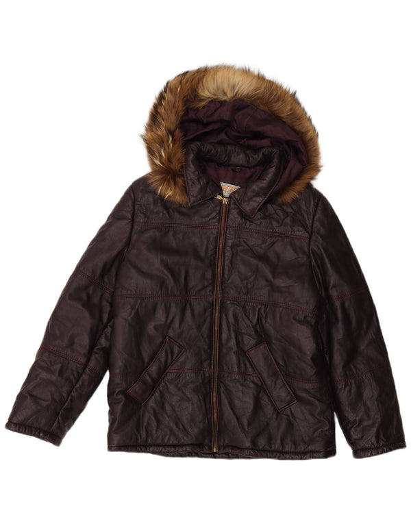 Giacca in pelle con cappuccio da donna VINTAGE UK 16 grande marrone