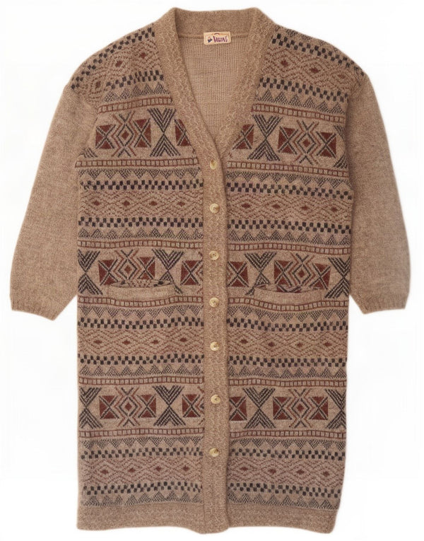Maglione cardigan lungo da donna vintage UK 16 grande marrone geometrico