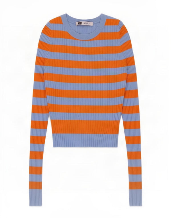 Maglione corto con scollo a barca da donna Zara UK 14 a righe grandi blu