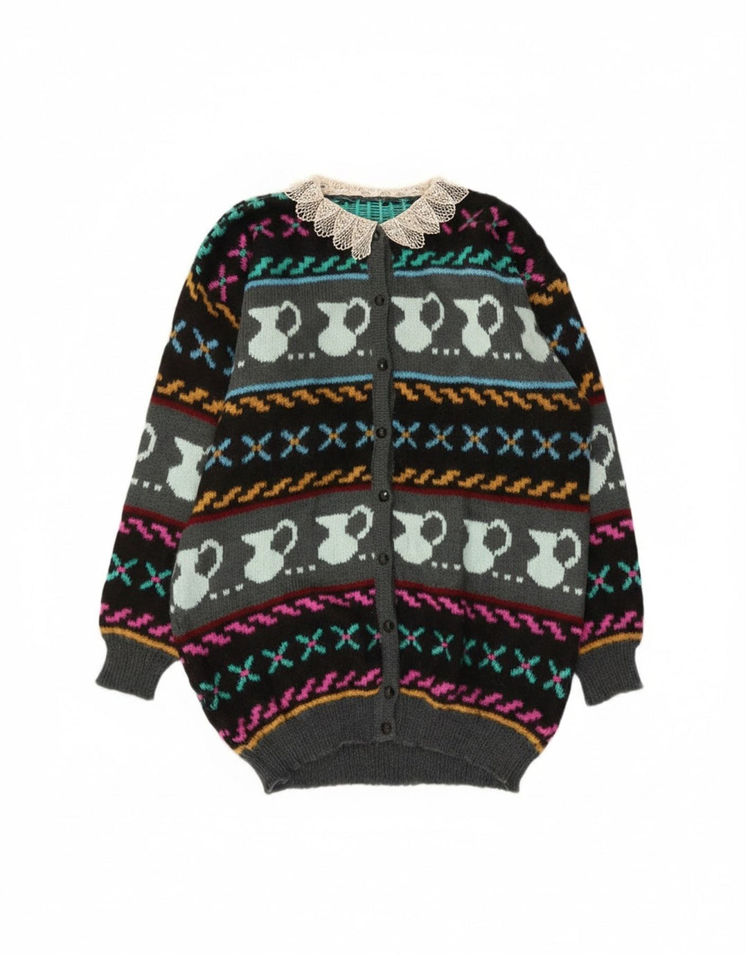 Maglione cardigan con motivo astratto da donna vintage UK 10 piccolo multicolore