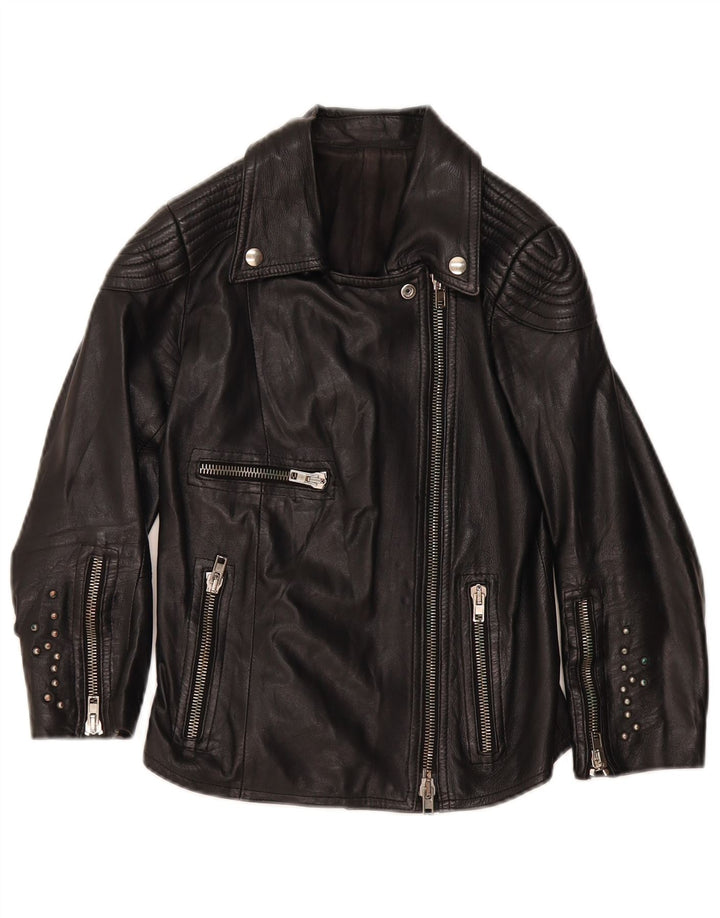 Giacca da motociclista in pelle vintage da donna UK 4 XS nera