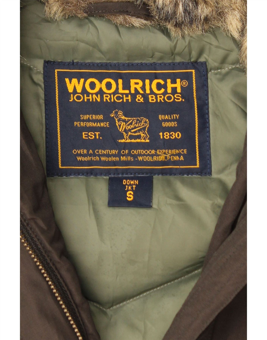 Giacca imbottita con cappuccio bomber da donna Woolrich UK 10 piccola in cotone marrone