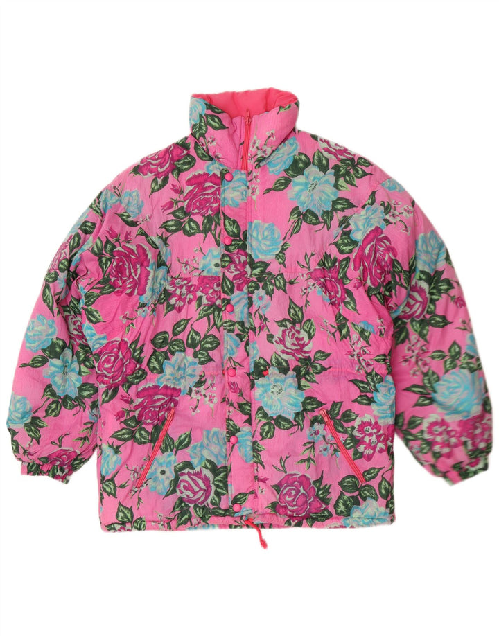 Giacca Imbottita Donna Cacao IT 46 Large Rosa Floreale Poliammide Retro