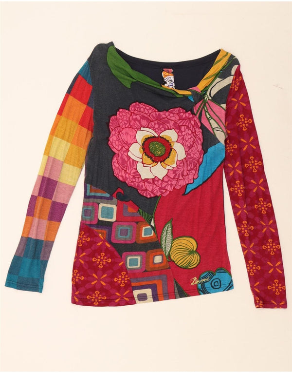DESIGUAL Top da donna con motivo grafico astratto manica lunga UK 10 piccolo rosso