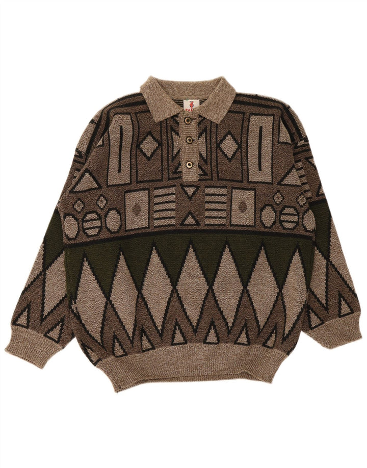 Maglione vintage da uomo con collo a polo marrone medio geometrico