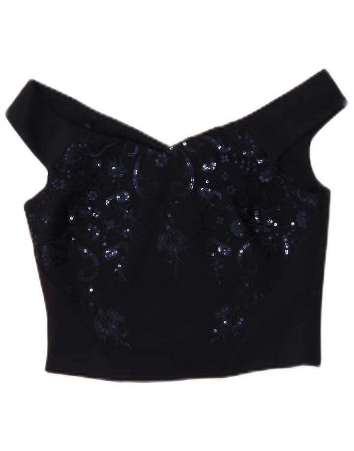 Top corto da donna con spalle scoperte Coast UK 10 piccolo poliestere floreale blu navy