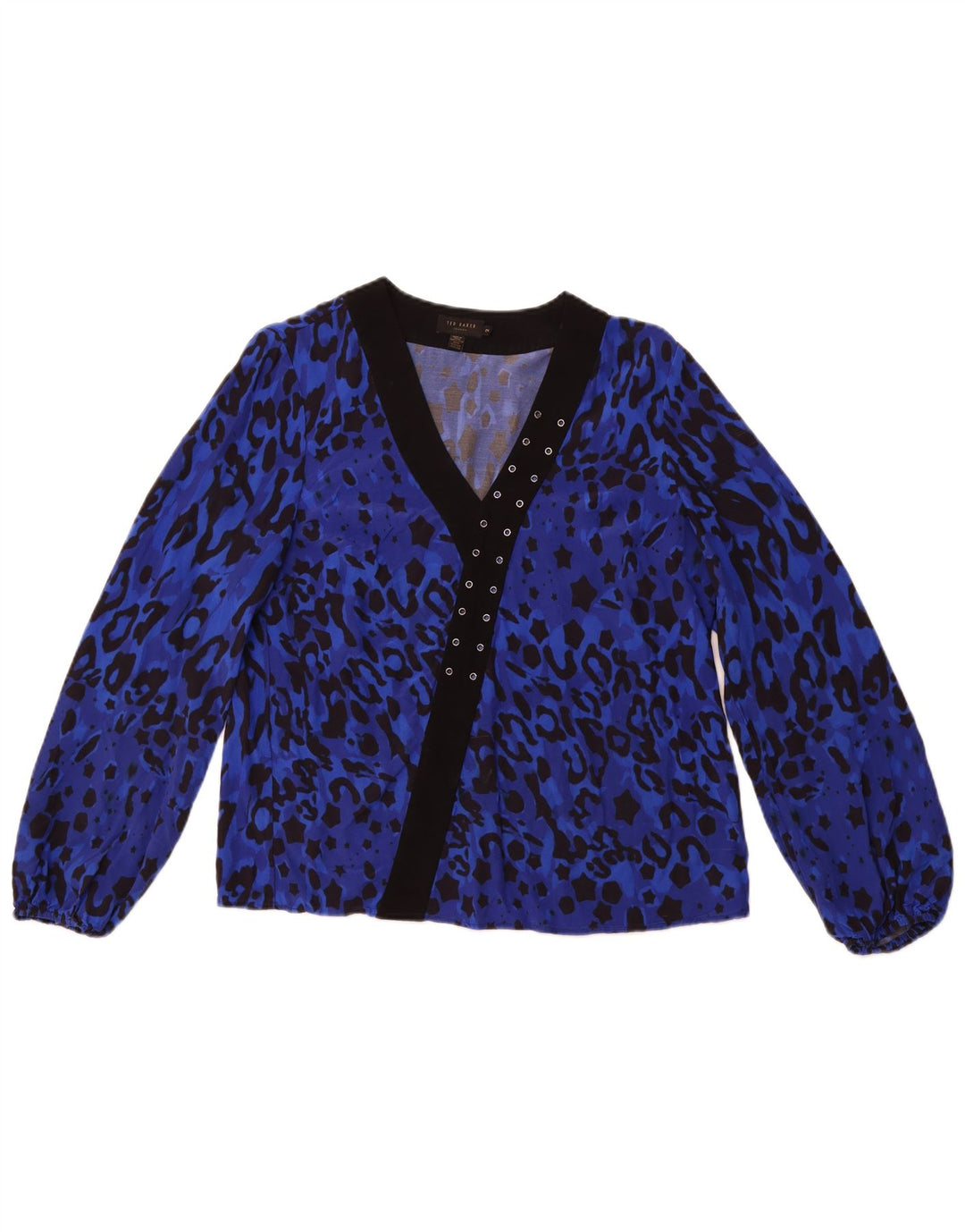 TED BAKER Camicetta a maniche lunghe da donna taglia 2 piccola stampa animalier blu
