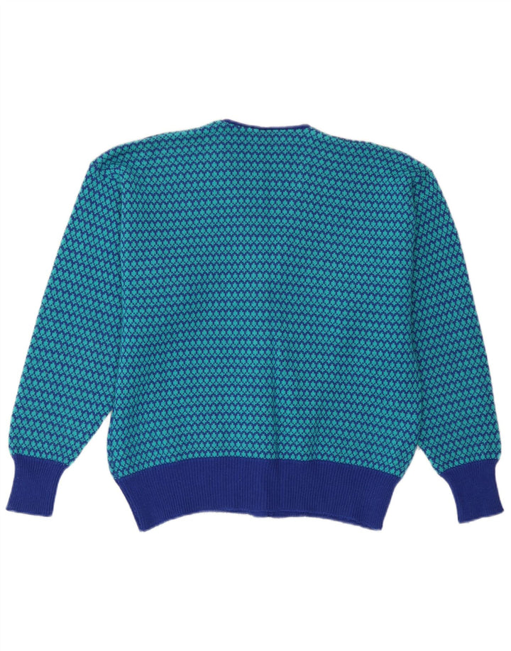 Maglione cardigan da donna vintage UK 14 lana pied de poule blu medio