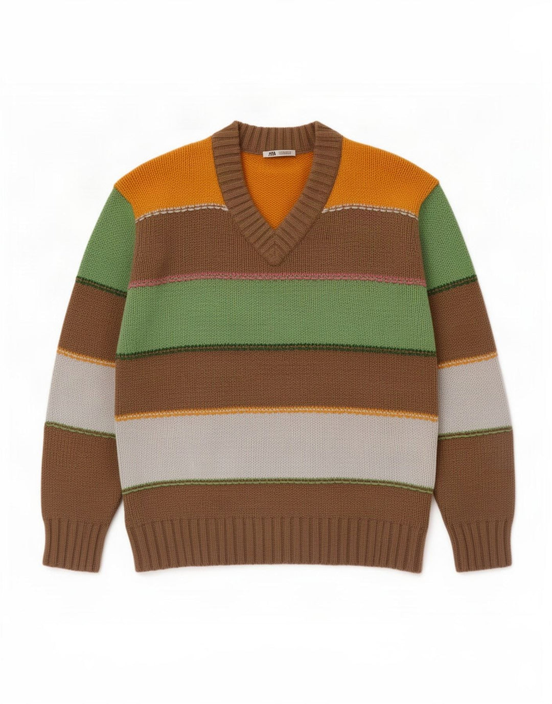 Maglione Zara da uomo con scollo a V in cotone a righe multicolore medio