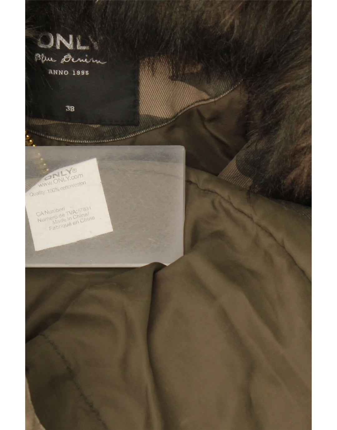 ONLY Womens Hooded Parka Jacket EU 38 Medium Khaki Camouflage Cotton Vintage Only and Second-Hand Only from Messina Hembry 
