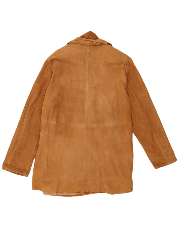 Giacca blazer vintage in pelle scamosciata a 3 bottoni da donna EU 48 2XL in pelle beige