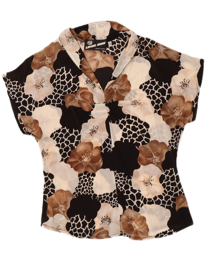 Camicetta da donna vintage trasparente con camicia IT 46 grande motivo floreale multicolore