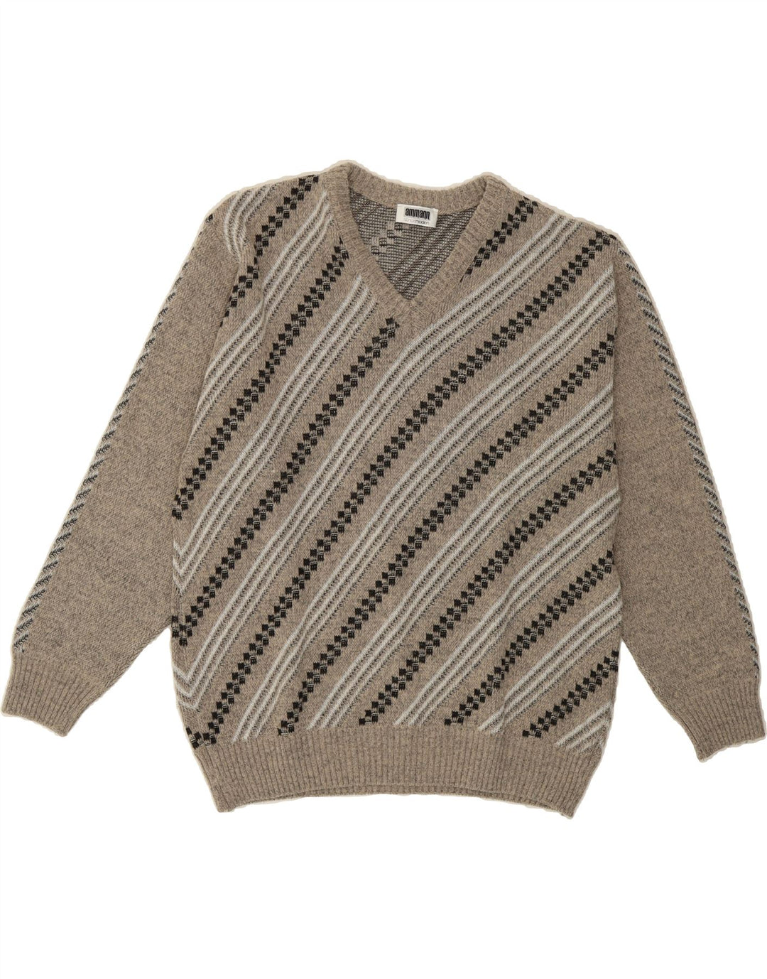 VINTAGE Mens V-Neck Jumper Sweater IT 50 Medium Grey Striped Polyacrylic Vintage Vintage and Second-Hand Vintage from Messina Hembry 