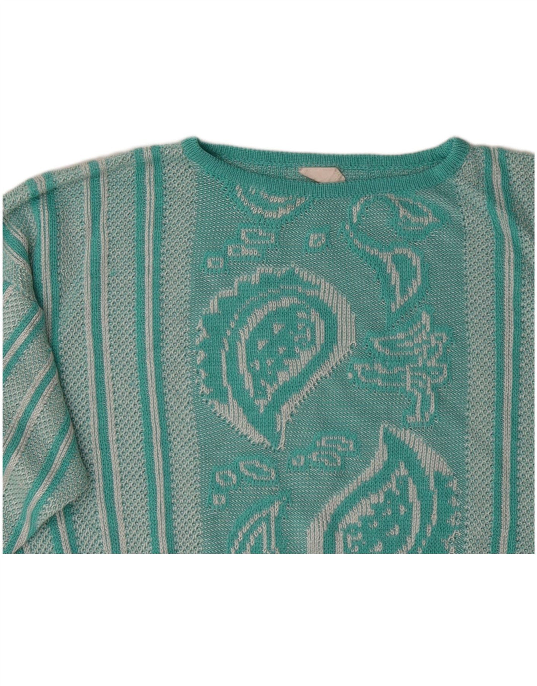 Maglione maglione con scollo a barca da donna VINTAGE UK 12 Paisley turchese medio