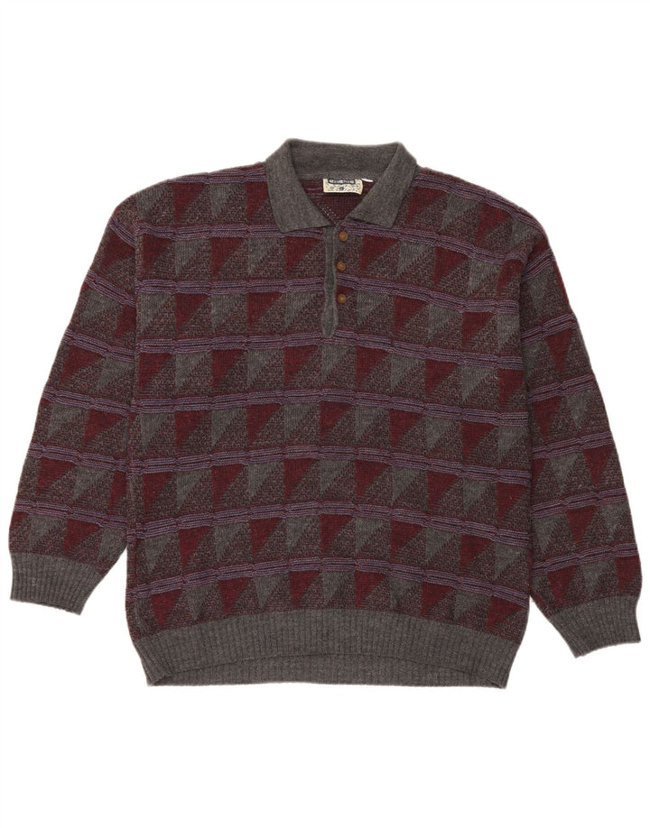 Maglione vintage da uomo con collo a polo, grande lana geometrica grigia
