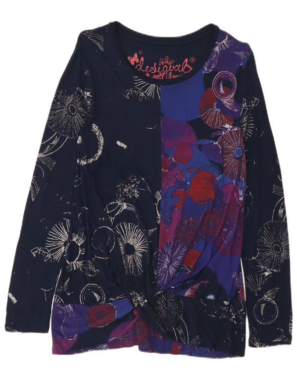 Desigual Donna Tunica a Maniche Lunghe Top UK 14 Grande Viscosa Floreale Blu Navy