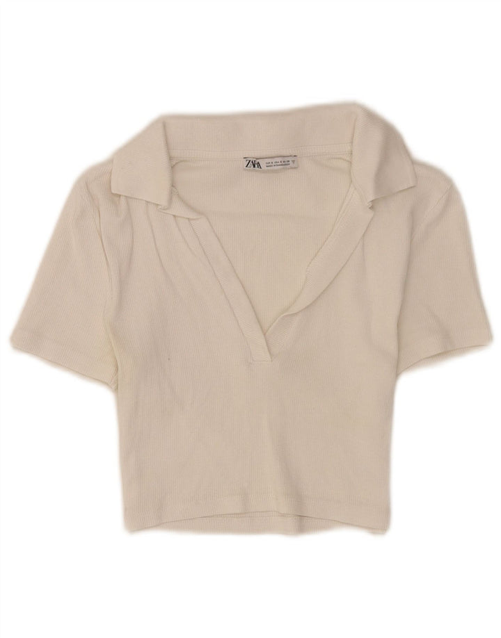 Polo corta da donna Zara UK 8 piccola in cotone bianco