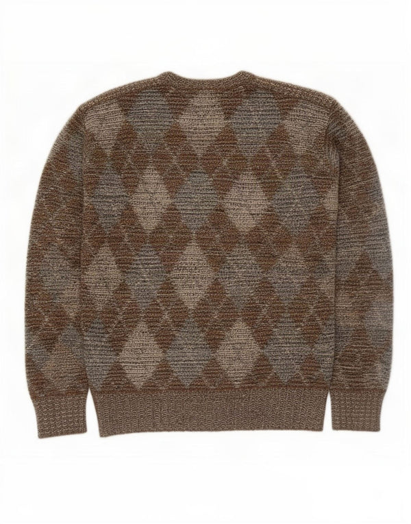 Maglione maglione girocollo da uomo vintage medio kaki argyle/lana diamante